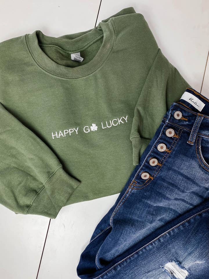 Spirit+Tribe - Wholesale Sweatshirt - Women's - HAPPY GO LUCKY EMBROIDERED SWEATER