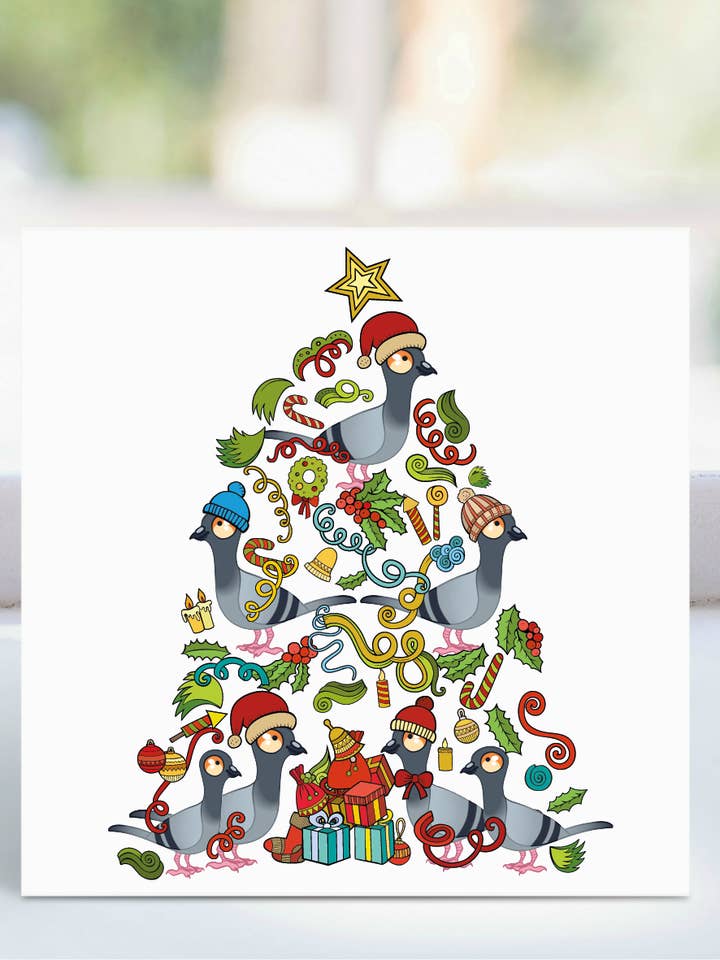 Christmas Tree Pigeon Card - pack of ten for wholesale by Happi Noggi
