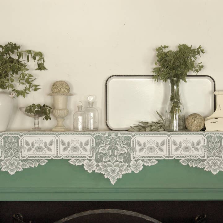 Heritage Lace - Wholesale Table Runner - Vintage Floral Leaf 20x91 Lace Mantle Scarf White