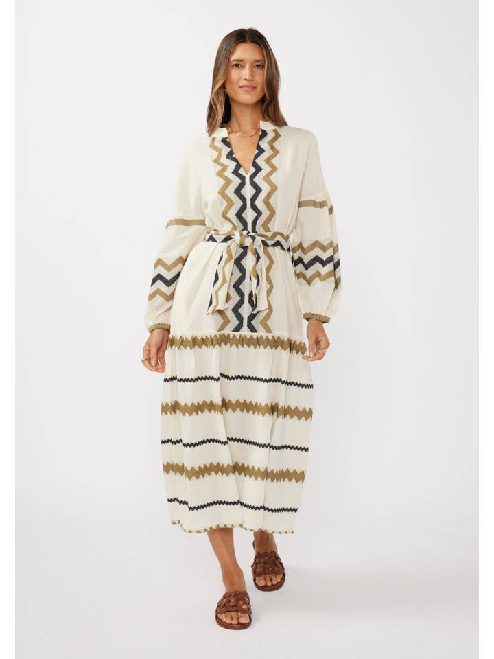 Naturel/Kaki Robe maxi à manches blouson à étages avec ceinture à la taille en vente sur Faire4