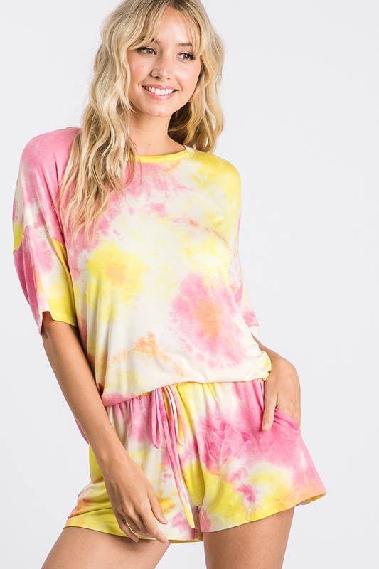 Yellow Pink Tie-Dye High-Waisted Lounge Shorts, WP9465 for wholesale on Faire2