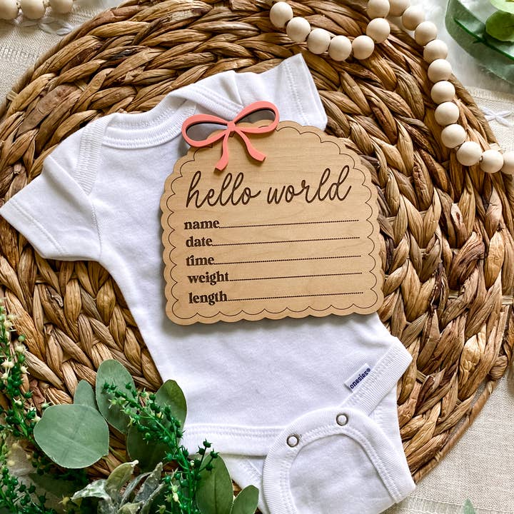 Claire and Bella - Wholesale Milestone Art/Keepsake - Kids & Baby - Hello World Birth Stat Sign - Dainty Bow1
