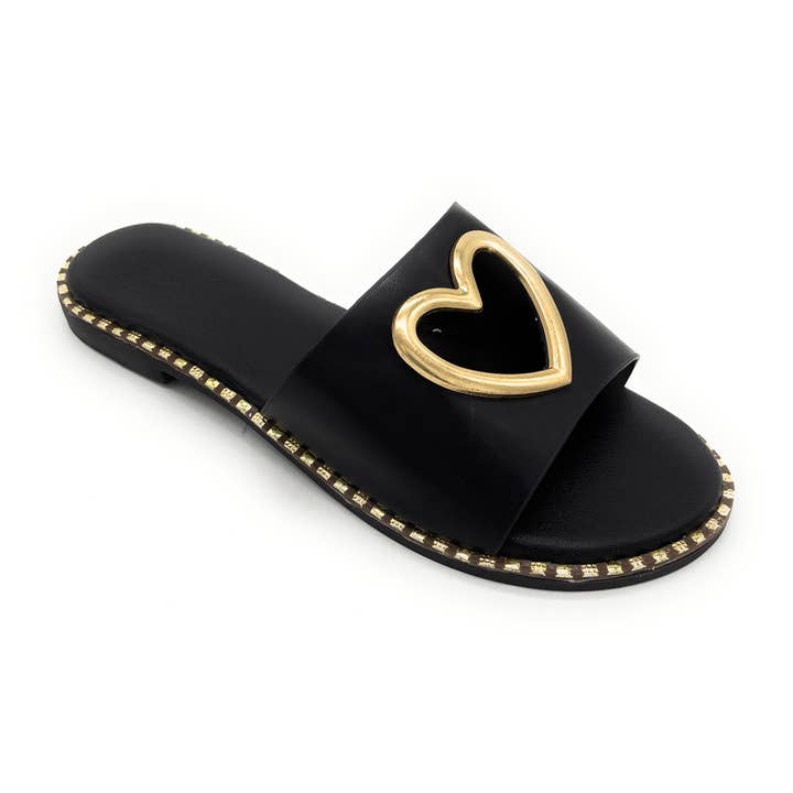 Stella Shoes - Wholesale Slippers - Women's - Sofia 18 Flat Slipper Solid Top Studs around sole edge heart