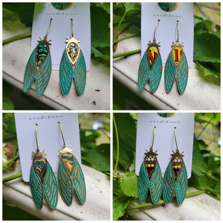 Patina Cicada Collection - Repurposed Vintage Tin Earrings for wholesale by Verdilune