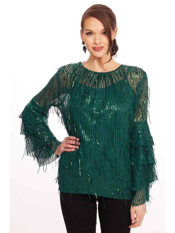 Eva Franco - Wholesale Blouse - Women's - Fall Long Sleeve Sequin Fringe Top – Glitter Pine5