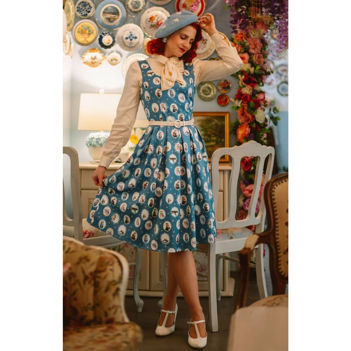 Amanda Swing Dress in Blue Cat for wholesale by Dolly & Dotty
