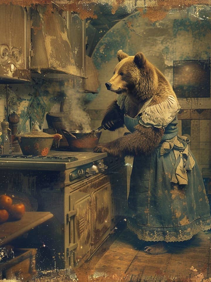 Grizzly Bear in the Kitchen - 8"x8" Wall Art Print - Mowbi's Funny Humor Humorous Collection for wholesale by Mowbi