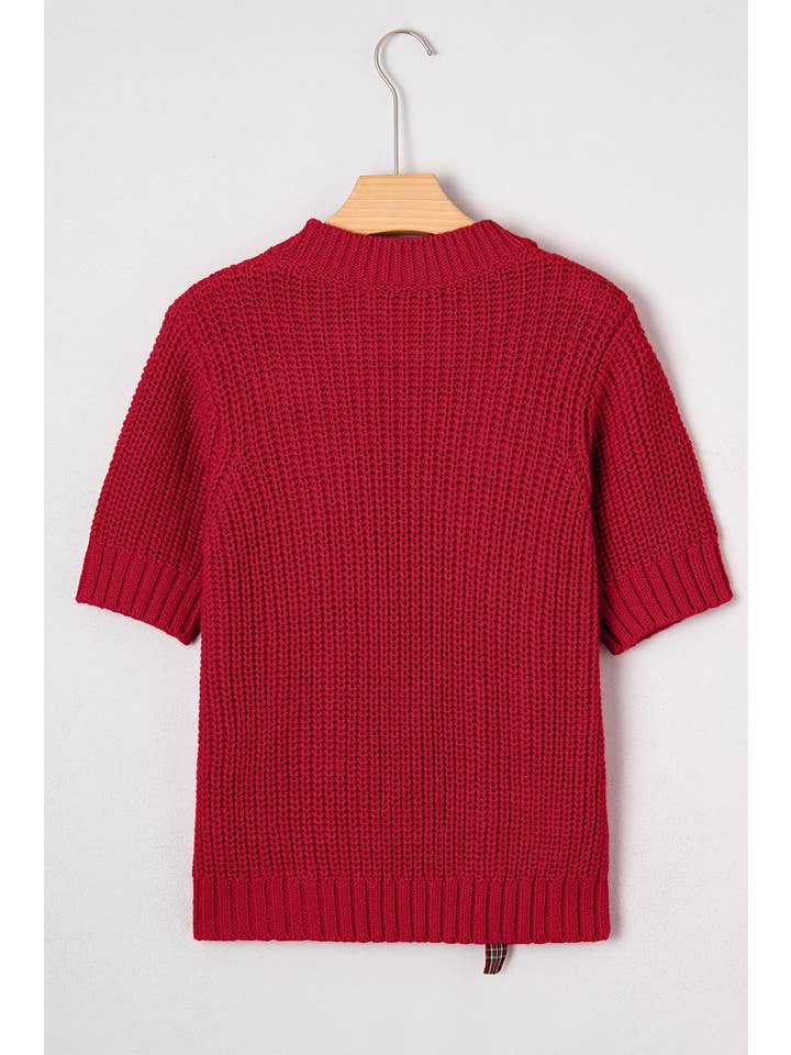 Fiery Red Christmas Plaid Lace-Up Puff Sleeve Sweater for wholesale on Faire2