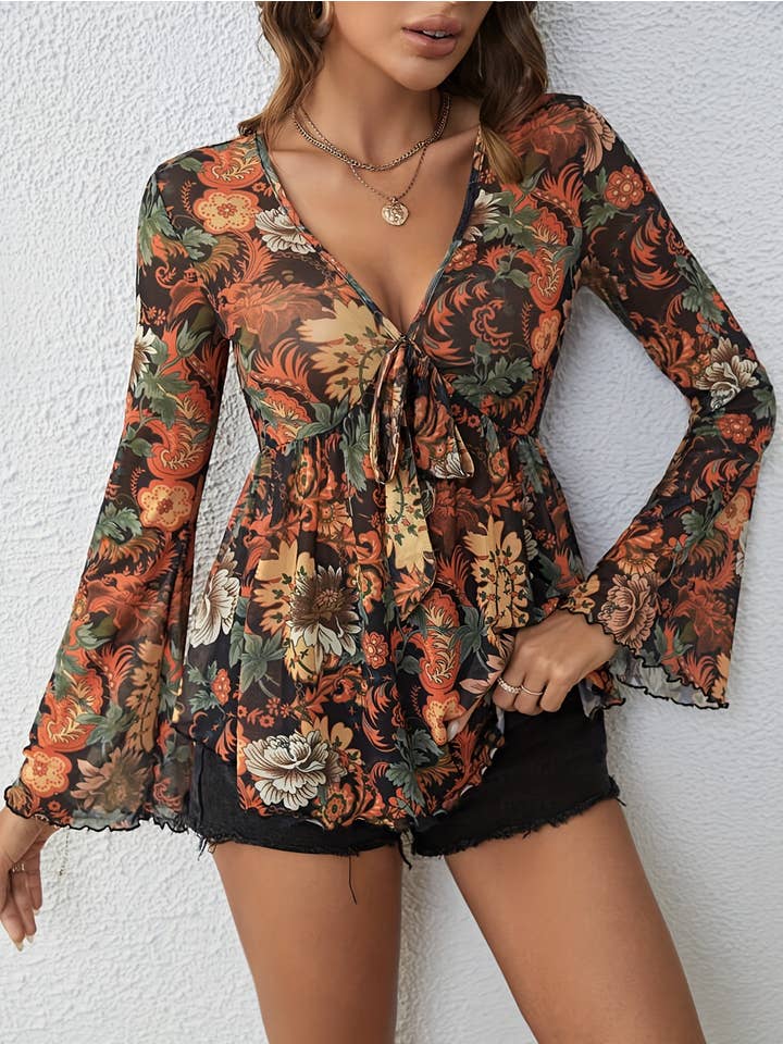 Miss Sparkling - Wholesale Blouse - Women's - Western Printed Bell Sleeve Blouse9
