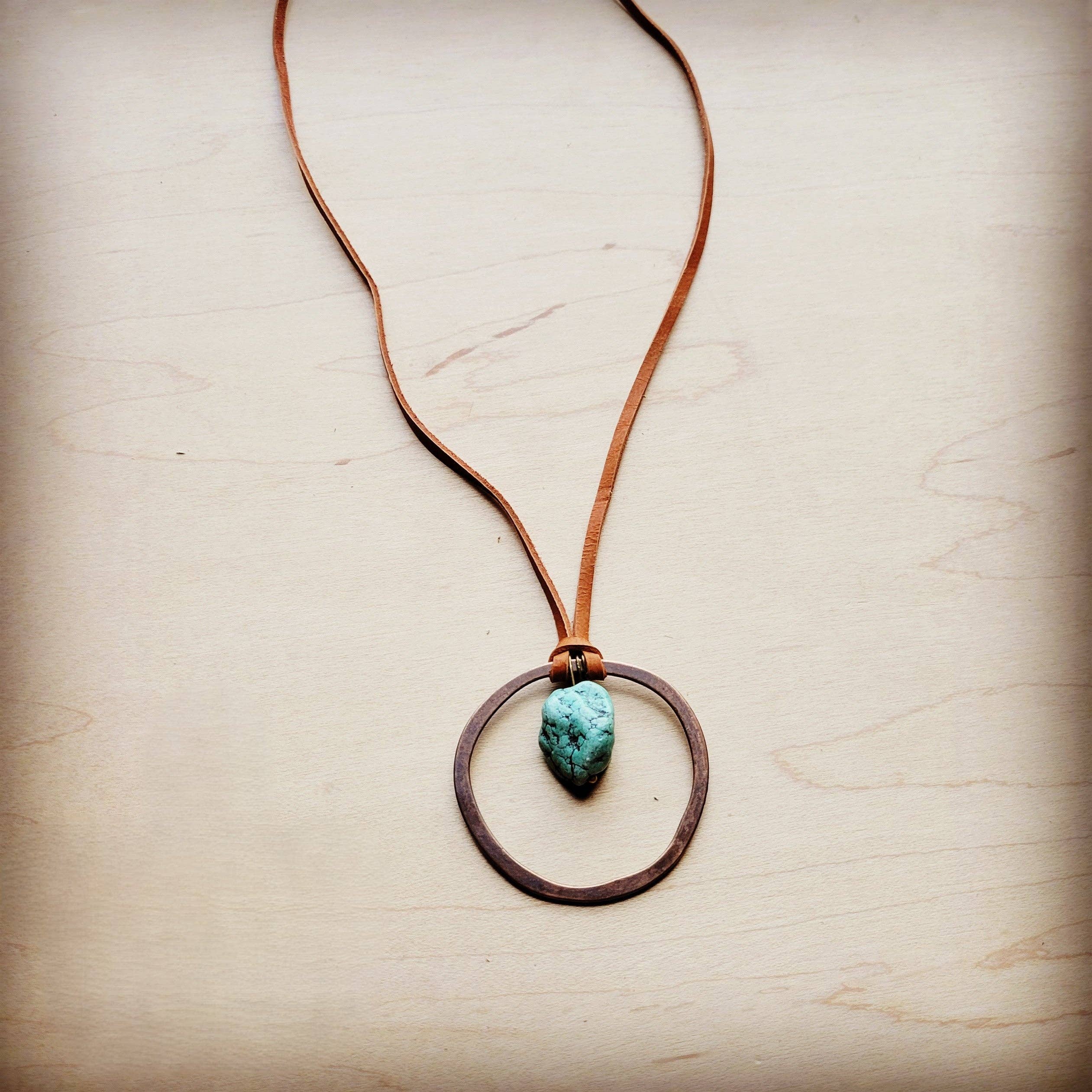 The Jewelry Junkie - Wholesale Pendant/Charm Necklace - Leather Cord Necklace Antique Gold Hoop & Natural Turquoise  254v2