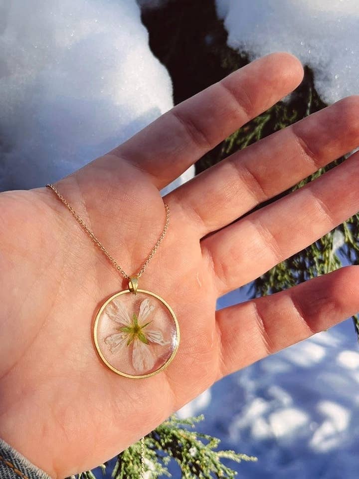 White Flower Necklace | Pressed Wildflower for wholesale by Land of Sky Design Co.