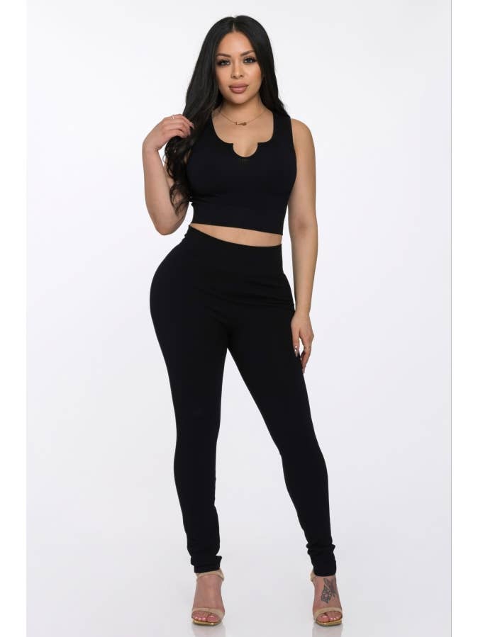 Lime All the Time - Wholesale Lounge Set - Women's - 2 Pcs Seamless Notch U Neckline Tank Top and Legging Set