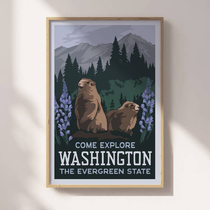Washington State Olympic Marmot Travel Poster - Wholesale for wholesale by Recollection Project