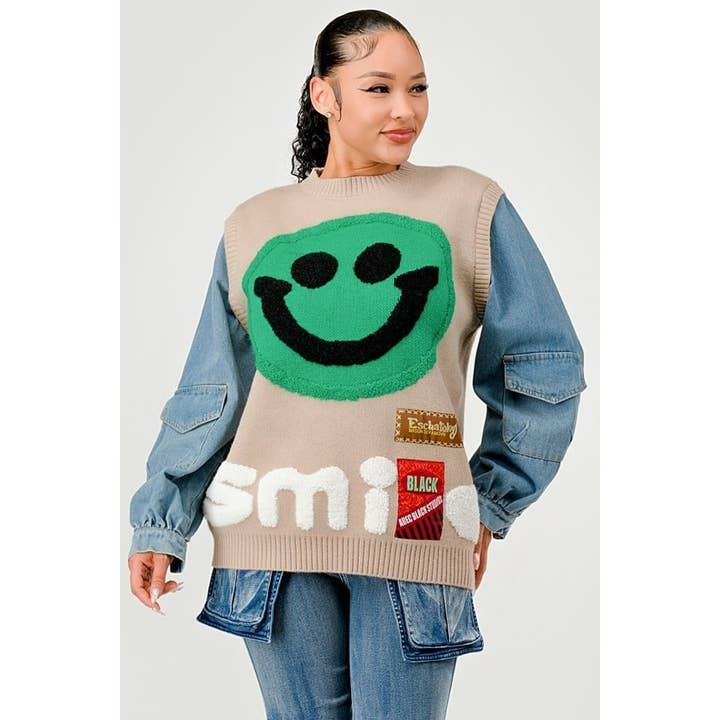 CHARMING SMILE PATCH SWEATER for wholesale by Black Pearl Clothing
