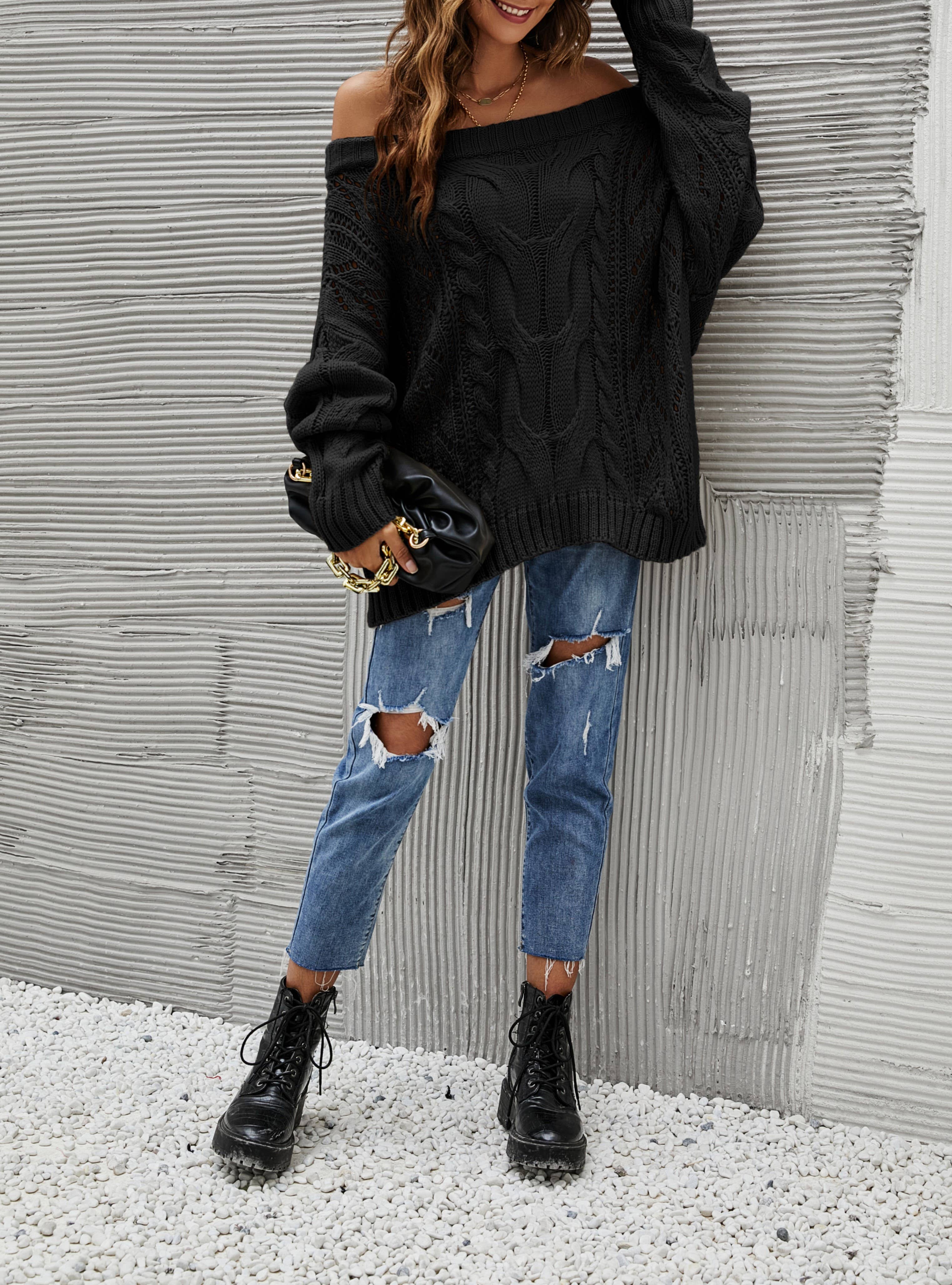 Rosa Clothing - Wholesale Tunic Sweater - Women's - Straight-Neck Off-The-Shoulder Pullover Sweater5