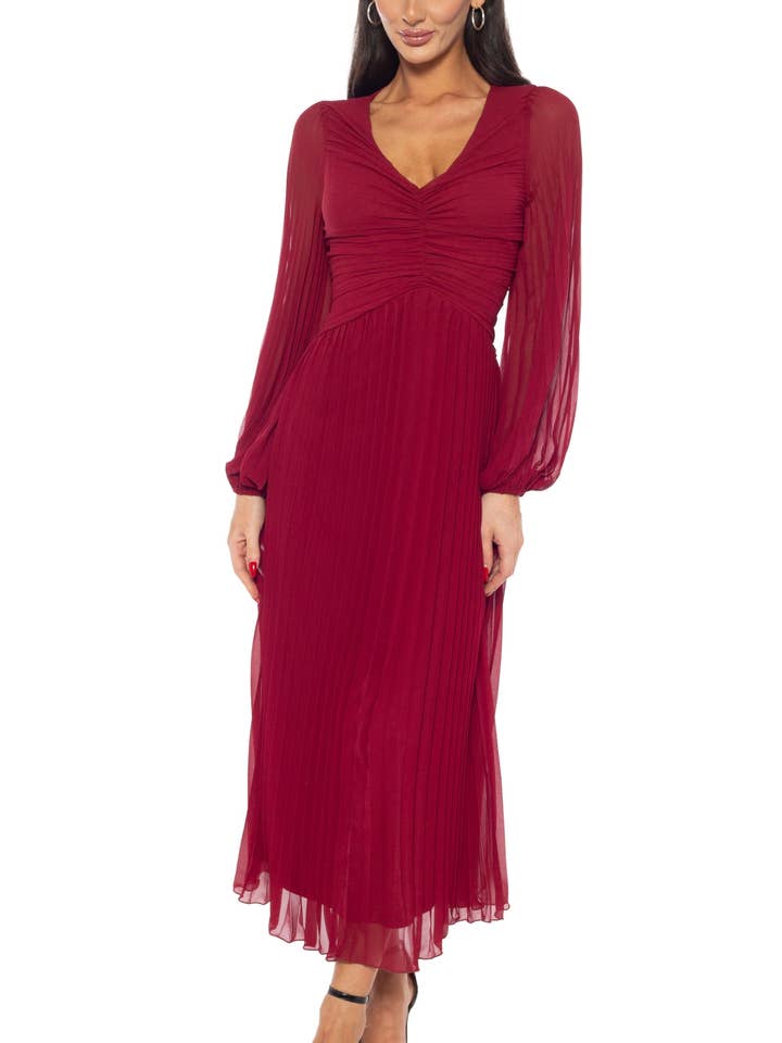 Vestido Midi Plissado de Linha A com Decote em V, Mangas Compridas Transparentes, Punhos Elásticos, Corpo com Detalhes Franzidos por atacado de Immediate Apparel