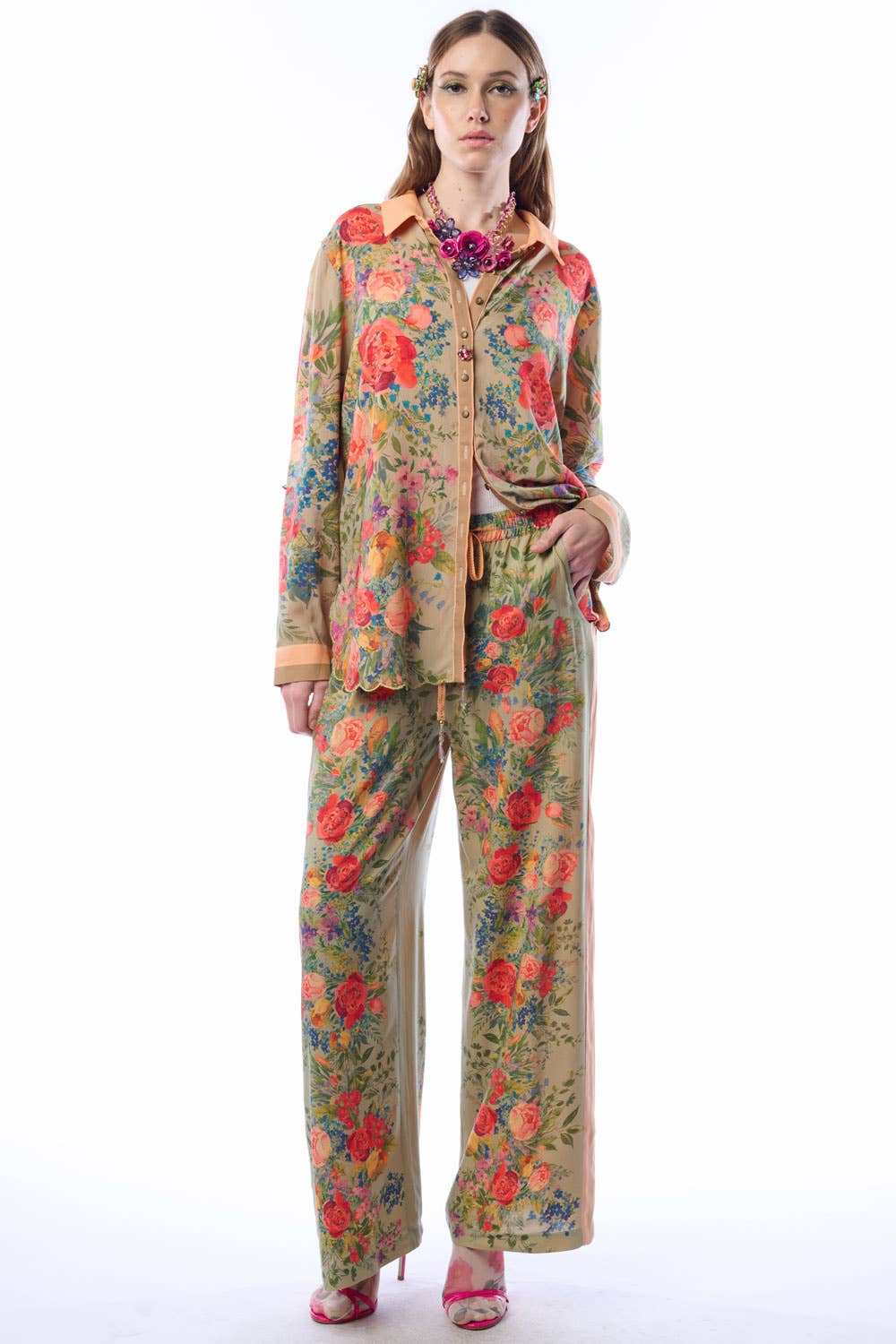 Vintage-Smaragd Roma-Hemd | Florales Button-Down-Hemd | Pailletten-Mesh-Detail für den Großhandel auf Faire6