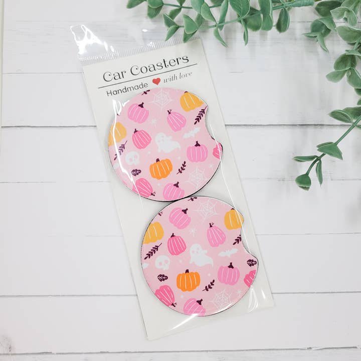 Roze Halloween Auto Onderzetters – Geesten & Pompoenen Ontwerp voor wholesale door The Purple Chickadee