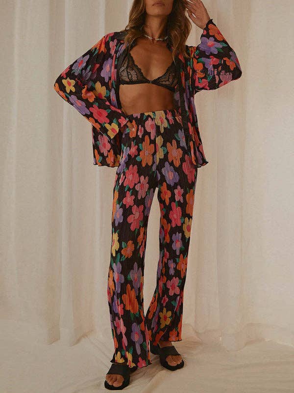 BLACK Floral Print Pleated Shirt & Pants Two-Piece Set for wholesale on Faire