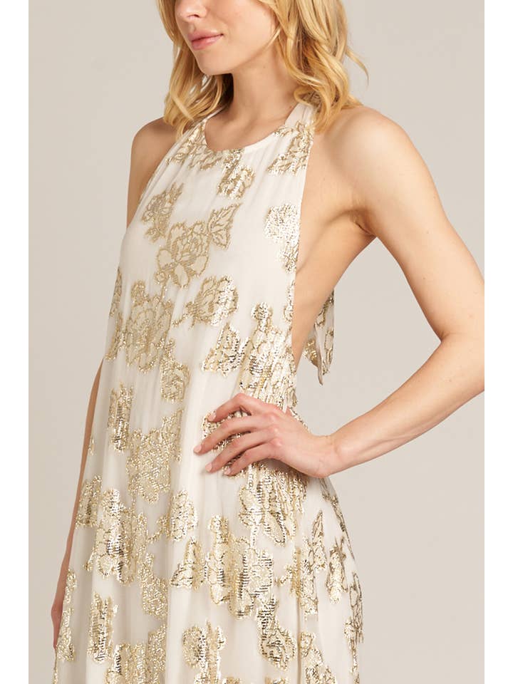 En Crème - Wholesale Dress - Women's - Halter Neck Maxi Dress with Lurex Gold Flowers