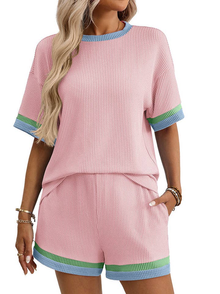 Lovesoft - Wholesale Lounge Set - Women's - Two Piece Contrast Trim Casual Knit Summer Set