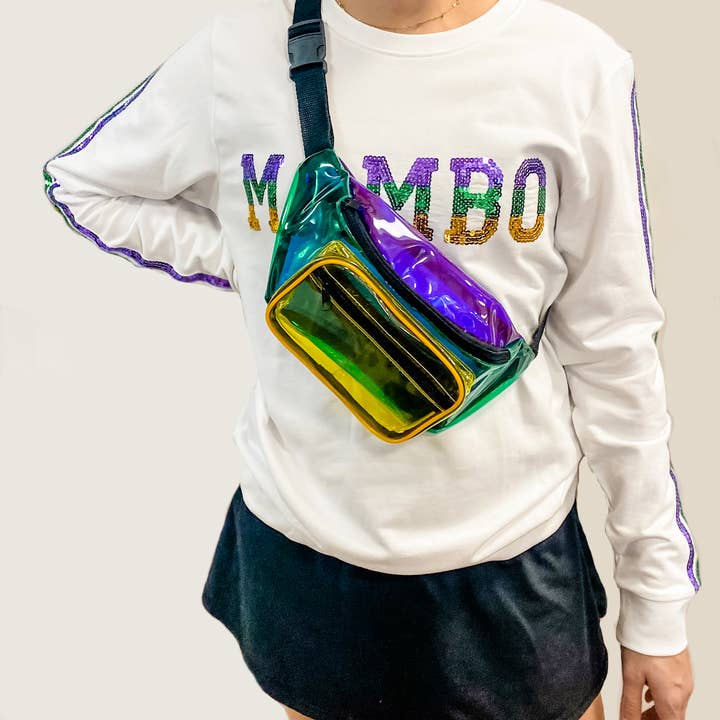 Mardi Gras Creations - Wholesale Belt Bag - Women's - Color Block Purple, Green, Gold Transparent Fanny Pack