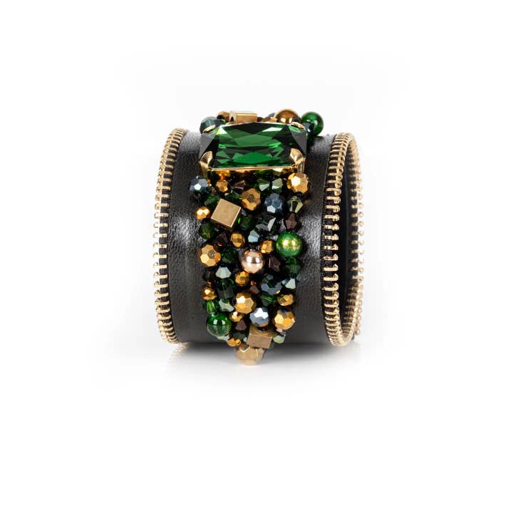 Black Leather Emerald Crystal Statement Cuff Gold Zipper for wholesale by The Dark