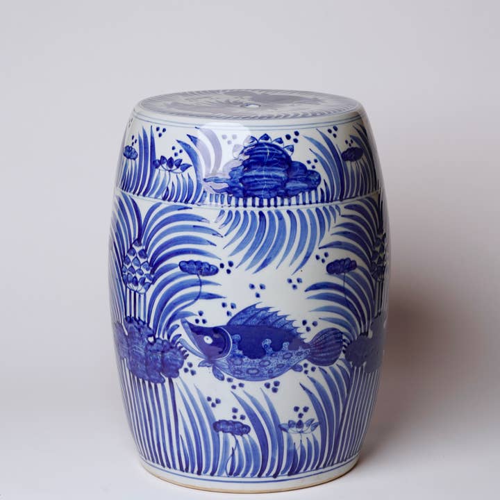 Hand Painted Fish & Lotus Blue & White Porcelain Garden Seat for wholesale by Cobalt Guild
