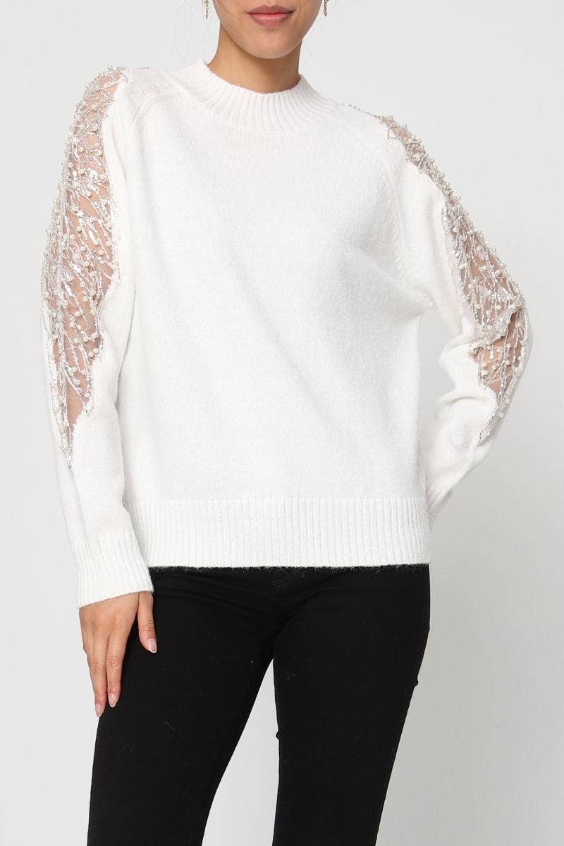 DIX-ONZE - Wholesale Knit Sweater - Women's - Soft Knit Sweater – Sequin & Pearl Details on Sleeves8