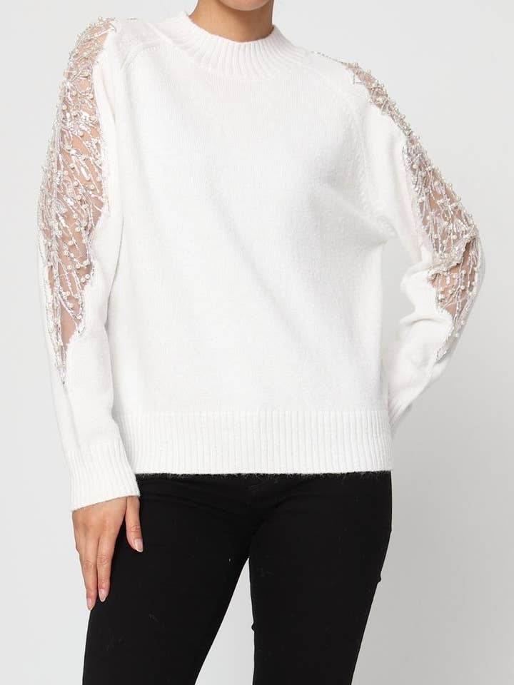DIX-ONZE - Wholesale Knit Sweater - Women's - Soft Knit Sweater – Sequin & Pearl Details on Sleeves8