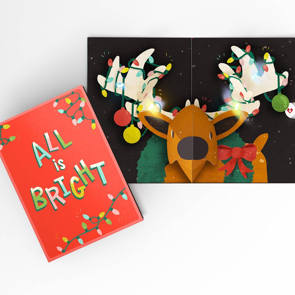 Lovepop Cards - Wholesale Everyday Greeting Card - All Is Bright Holiday Reindeer Light-Up Pop-Up Card 5x7"5