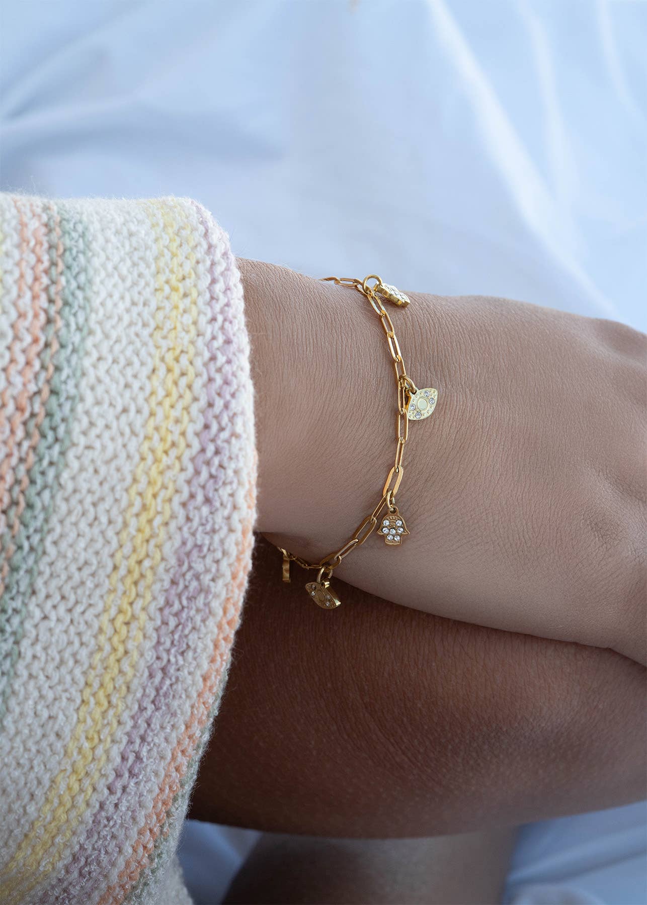 WJW - Wholesale Charm/Dangle Bracelet - 18K Gold PVD Hamsa & Evil Eye Paperclip Chain Charm Bracelet3