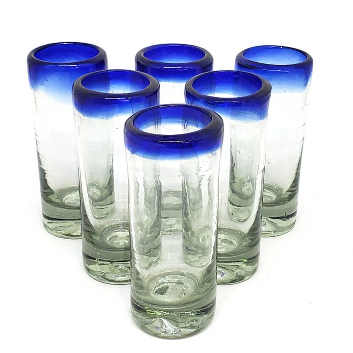 MexHandcraft - Wholesale Shot Glass - Mexican Recycled Cobalt Blue Rim 2 oz Tequila Shot Glasses