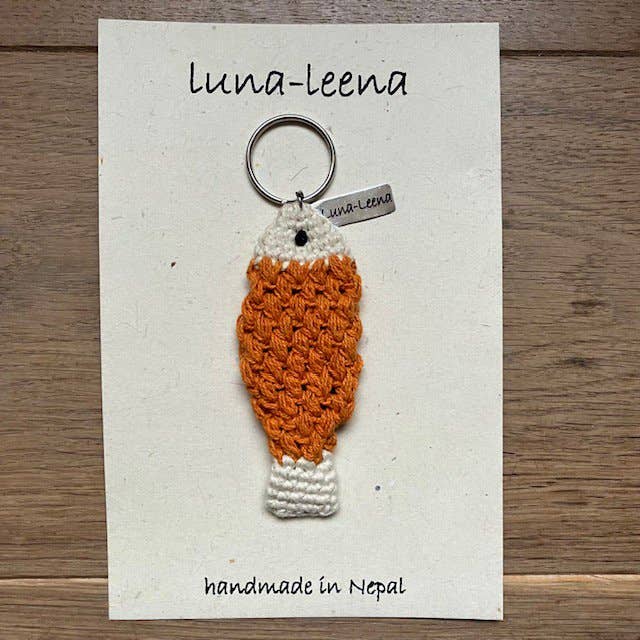 Luna-Leena - handmade in Nepal – wholesale Keychain – Women's – Keychain fish orange - bag charm - crochet organic cotton5