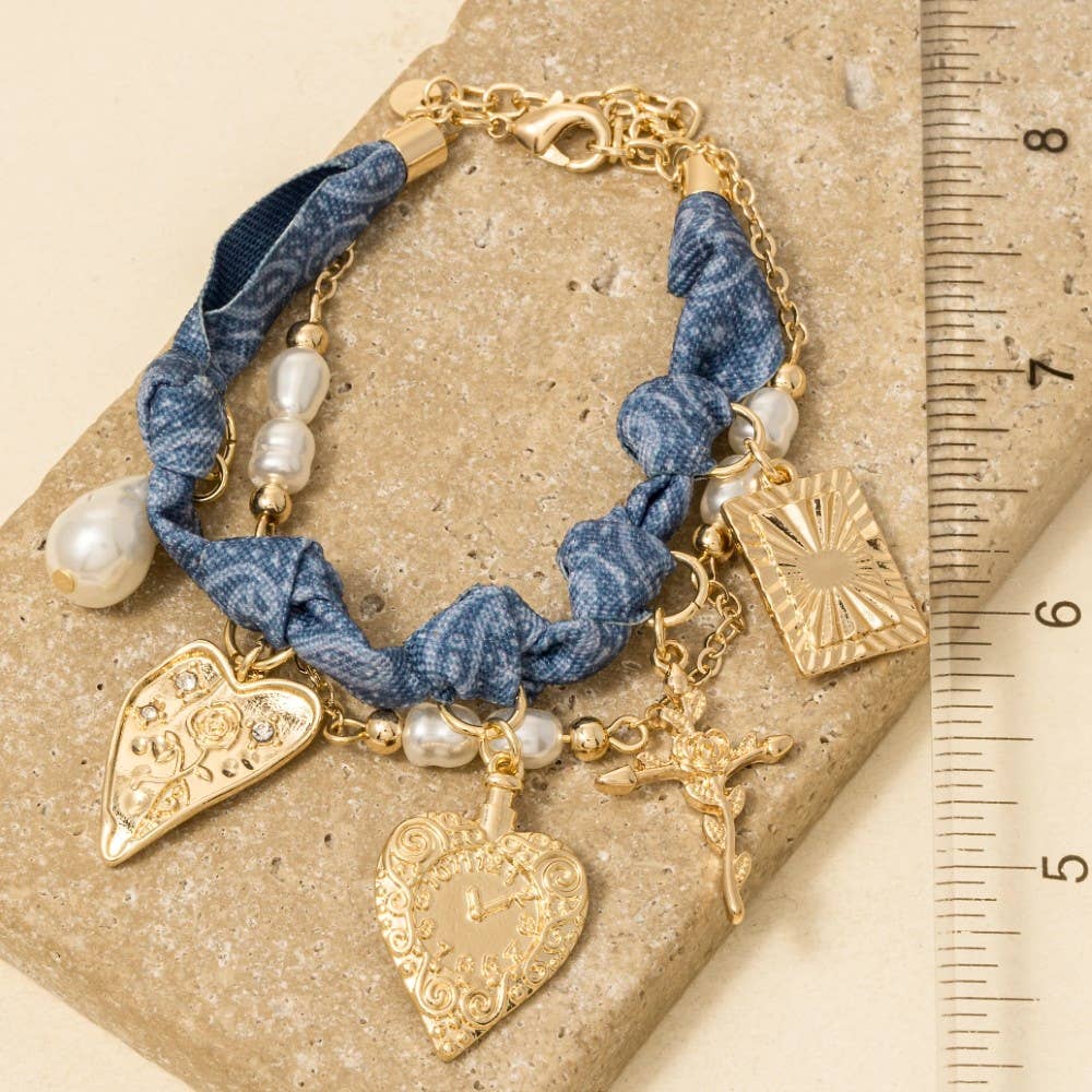 GDMBE Bracelet noué en denim avec croix, cœurs floraux et breloques de perles en vente sur Faire1