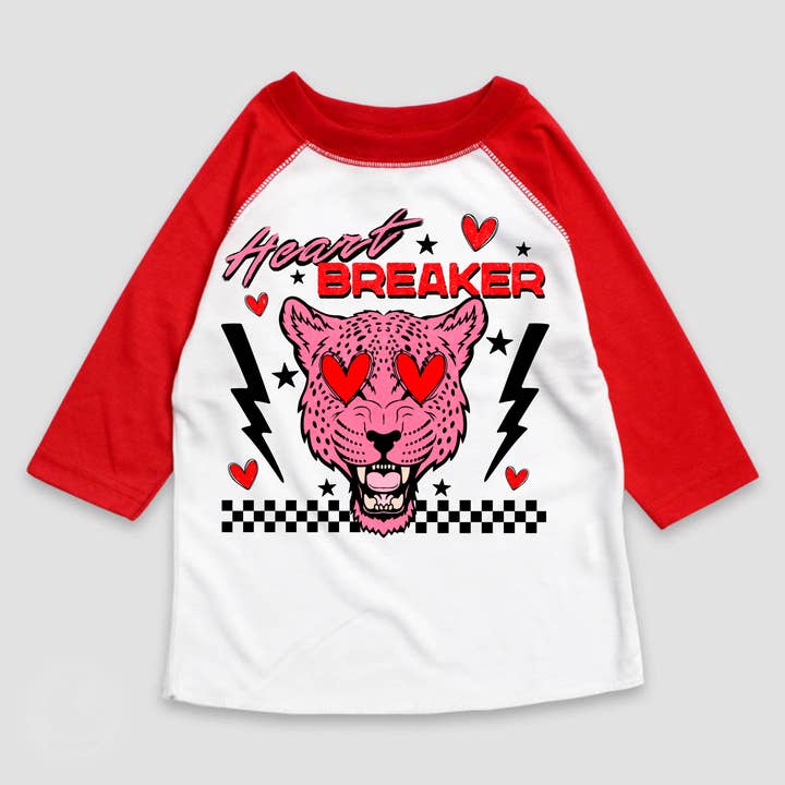 Heart Breaker Leopard Valentie's Day Raglan Shirt - Girls VDay 3/4 Sleeve Tee for wholesale by Madi Moosh