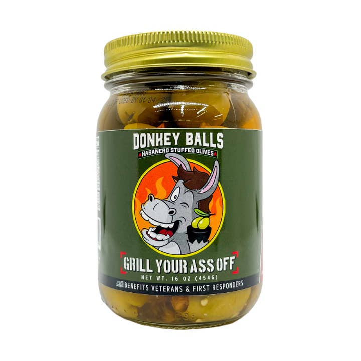 Donkey Balls Habanero Fyllda Oliver - Charkuteri, Snack för wholesale av Grill Your Ass Off - Spices, Rubs, Seasonings, Sauces, Jerky
