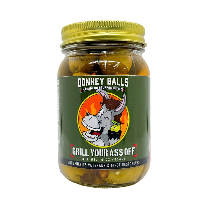 Donkey Balls Habanero Stuffed Olives - Charcuterie, Snack for wholesale by Grill Your Ass Off - Spices, Rubs, Seasonings, Sauces, Jerky