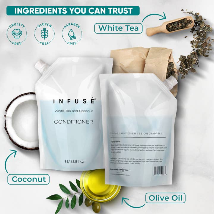 Diversified Hospitality Solutions - Wholesale Hair Conditioner - INFUSÉ 1 Liter Conditioner Refill Bag For Soap Dispensers | Bulk Toiletries for Vacation Rentals, and Home Bathroom Showers | White Tea and Coconut | Single3