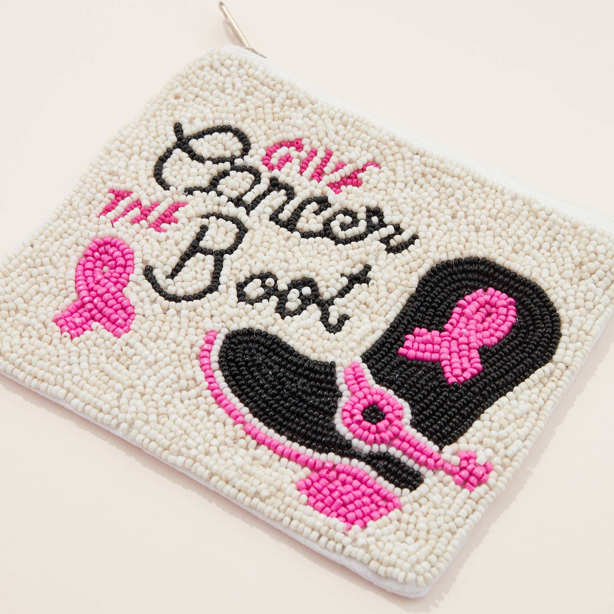 Multi Pink Ribbon Boot Seed Bead Canvas Pouch for wholesale on Faire1