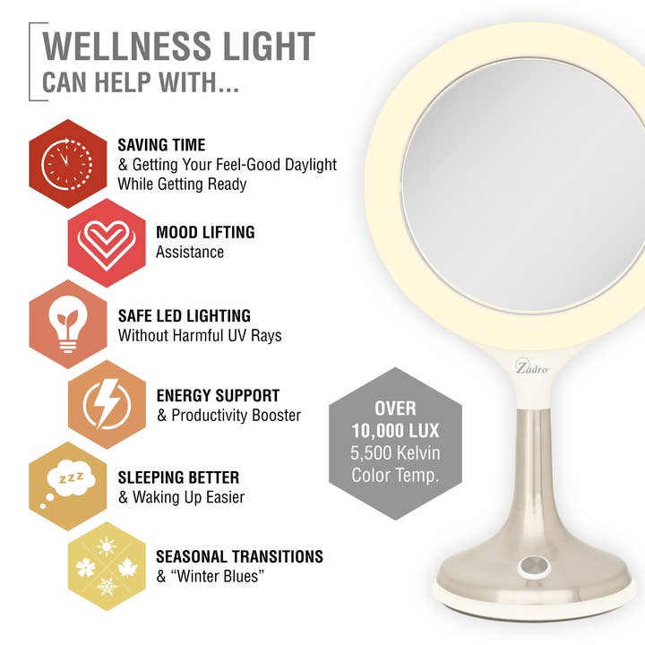 White Mood Therapy Lighted Makeup Mirror with Magnification for wholesale on Faire7