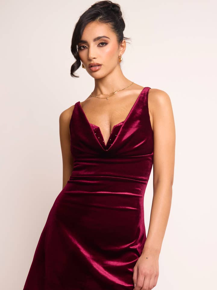 Kelsy Burgundy Velvet Cowl A Line Mini Dress for wholesale by Jaded Rose