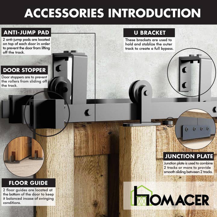 Homacer INC - Wholesale Knob/Pull - Double Track U-Shape Bypass Sliding Barn Door Hardware Kit - T-Shape Design Roller5