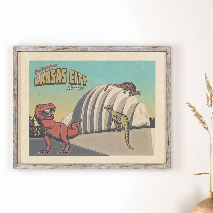 Kansas City Dinosaur Invasion Poster (Kauffman Center) for wholesale by Cluster Funk Studio