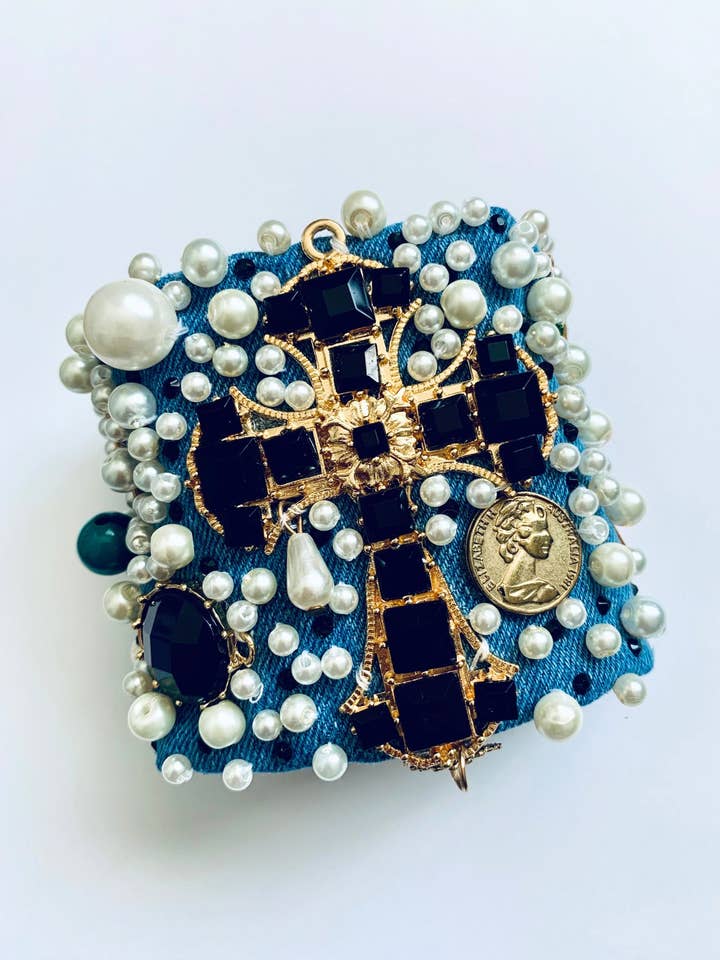 CROSS Boho Chic Handmade Denim Bracelet with Pearls for wholesale by GARELL