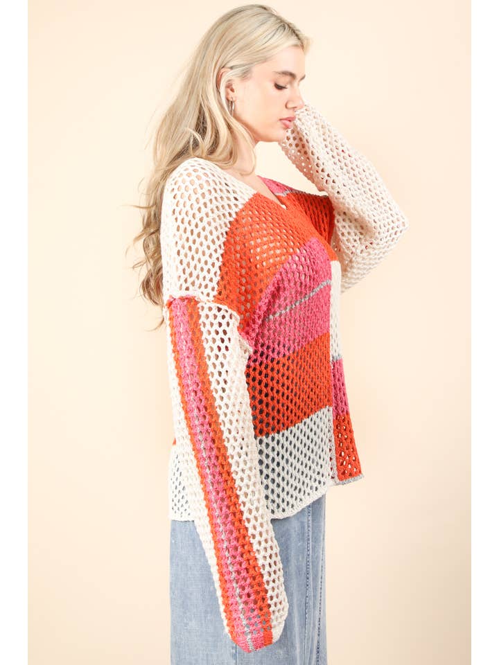 VERY J - Wholesale Knit Sweater - Women's - 12W3361N-Color Block Oversized Summer Knit Sweater Top
