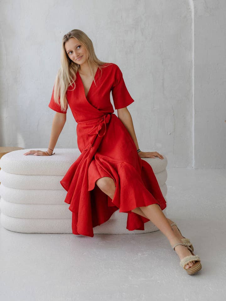 Linen Dress CW031 In Red Colour (2) for wholesale by Unique Linen