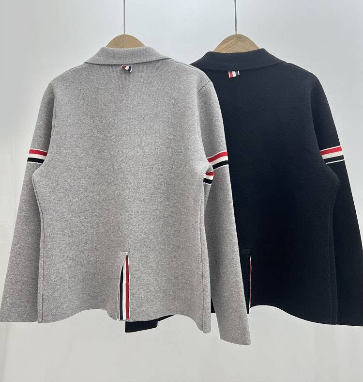 Sanyao Fashion - Vente Cardigan – femme - Cardigan en maille gris à col de costume avec détail rayé5