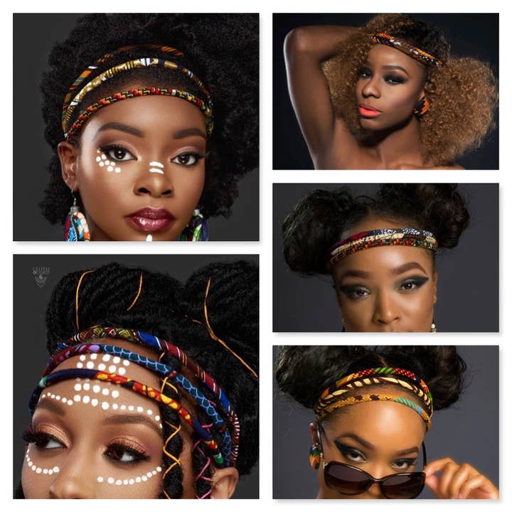 Hårband i afrikanskt tryck Kente och Mud Cloth | Turkos, orange, blå & grön hårprydnad | Tyg & snöre för wholesale av Cloth & Cord, LLC