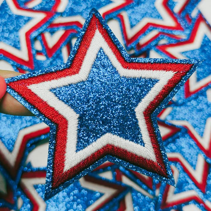 3" Red White & Blue STAR - Glitter Embroidered Hat Patch for wholesale by TEELUX